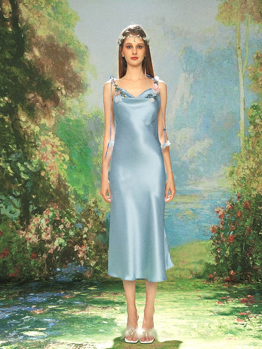 KINGWEN  Satin Swing Collar Slip Maxi Halter Dress (Blue)