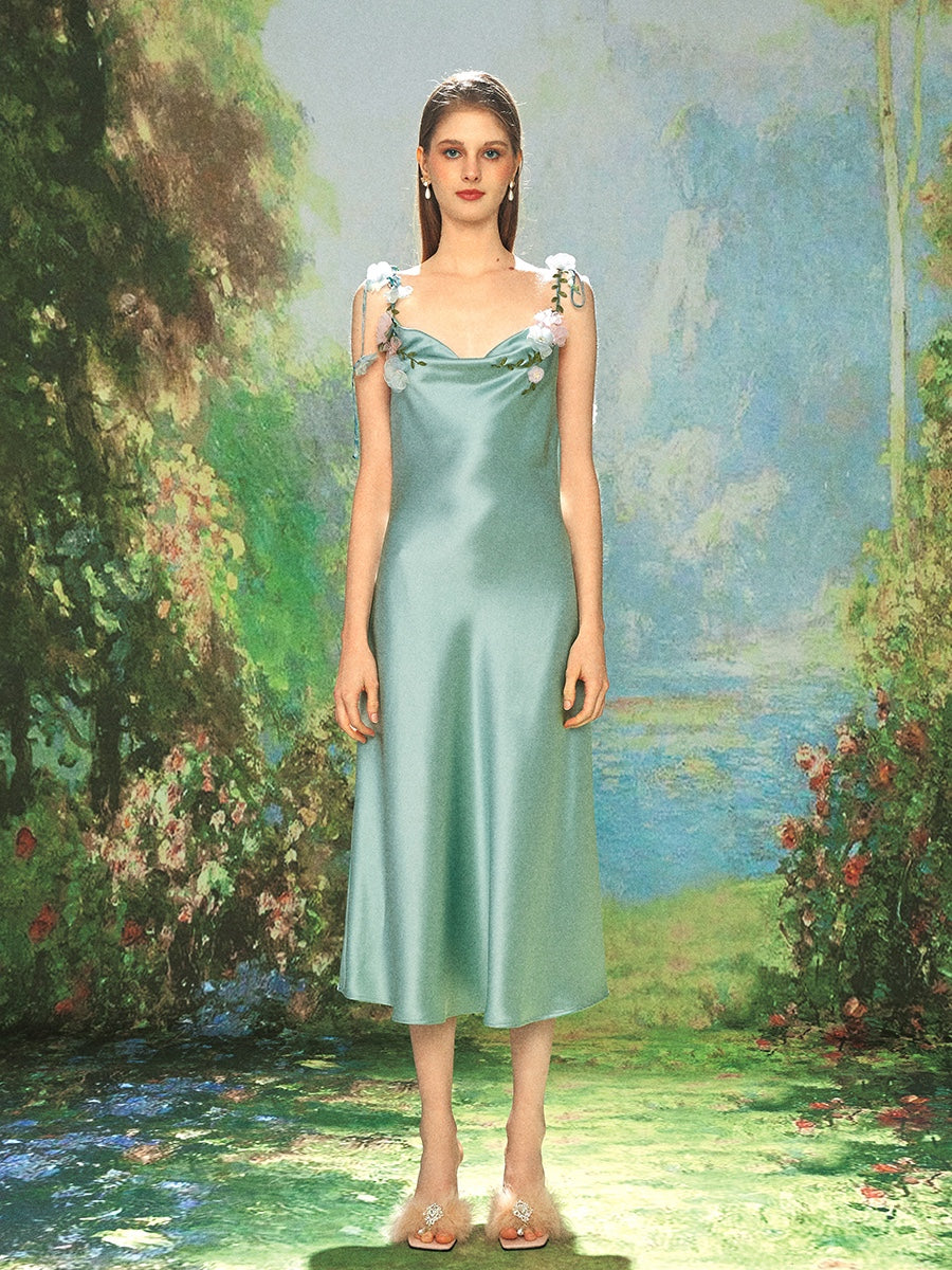KINGWEN  Satin Swing Collar Slip Maxi Halter Dress (Green)