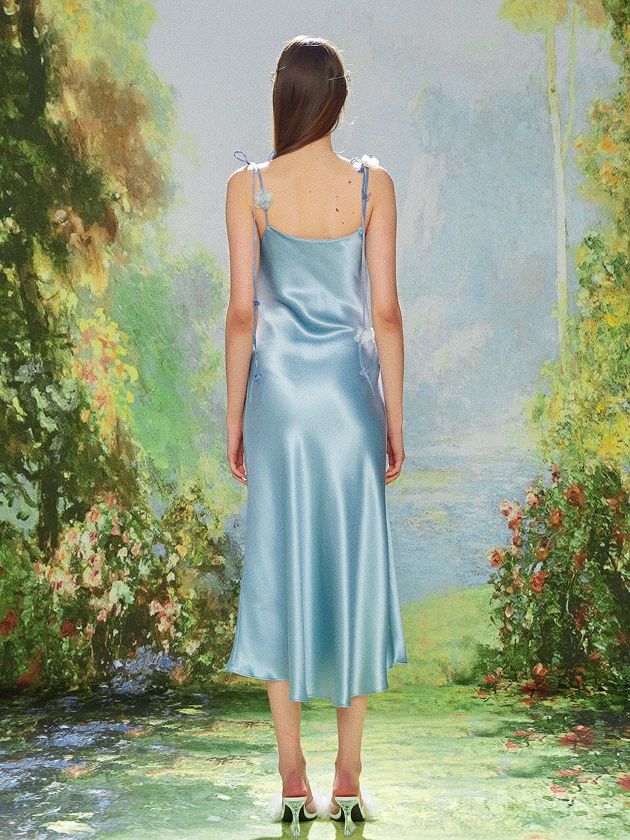 KINGWEN  Satin Swing Collar Slip Maxi Halter Dress (Blue)